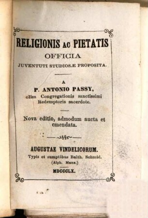 Religionis ac pietatis officia juventuti studiosae proposita