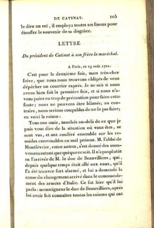 Lettre Du président de Catinat à son frère le maréchal.