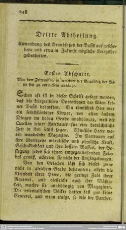 Dritte Abtheilung. Anwendung des Grundsatzes der Basis auf geschehene und etwa in Zukunft mögliche Kriegsbegebenheiten