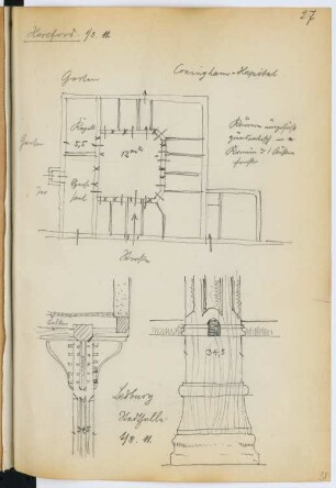 Coningsby Hospital, Hereford / Market House, Ledbury: Grundriss, Details (aus: Skizzen- und Fotoalbum 26)