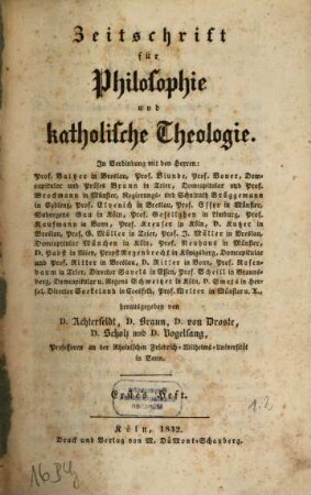 Zeitschrift für Philosophie und katholische Theologie. 1/2. 1832