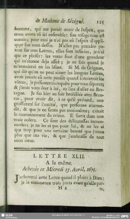 Lettre XLII. A la même. Achevée Mécredi 15. Avril, 1671