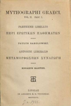 Parthenii libellus Περὶ ἐρωτικῶν παθημάτων
