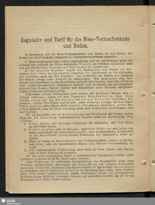 Regulativ und Tarif für die Mess-Verkaufsstände und Buden