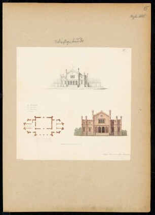 Wachgebäude Monatskonkurrenz Dezember 1845: Grundriss Erdgeschoss, Aufriss Vorderansicht, perspektivische Ansicht; Maßstabsleiste