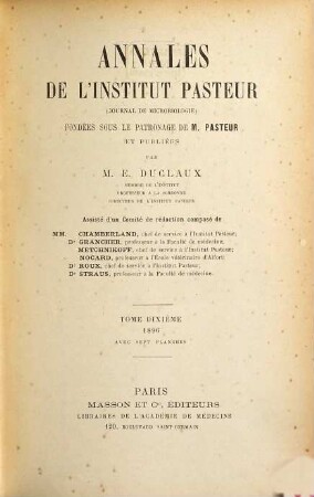 Annales de l'Institut Pasteur. 10. 1896