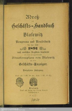 13.1891: Adreß- und Geschäfts-Handbuch für Blasewitz mit Neugruna und Neuseidnitz