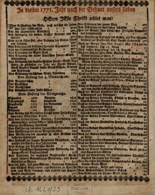 Neu-gregorianischer Zeit- und Welt-Lauf-Calender : auf das Heil-Jahr nach der gnadenreichen Geburt unsers Herrn Jesu Christi ... ; darinnen der Sonnen, Mond und anderer Planeten Lauf und Zustand zu finden ist. 1771