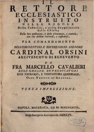 Il Rettore ecclesiastico instruito nelle regole della fabrica e della suppellettile delle Chiese