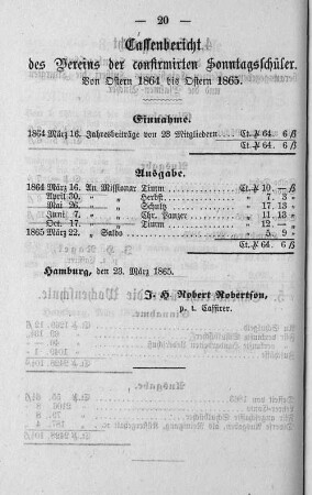 Cassenbericht des Vereins der confirmirten Sonntagsschüler. Von Ostern 1864 bis Ostern 1865.