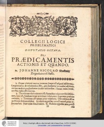 Collegii Logici Problematici. Disputatio octava. De Praedicamentis Actionis et quando.