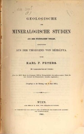 Separatabdrücke aus den Sitzungsberichten der kais. Akademie der Wissenschaften in Wien math.-naturw. Cl., 1