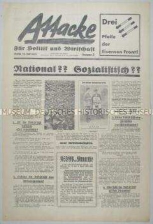 Deutschnationale Wahlzeitung "Attacke" aus dem Vorfeld der Reichstagswahl vom 31. Juli 1932