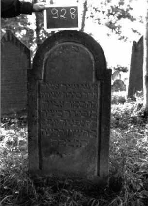 Grabstein 928 (Index: 100103811) Material: Sandstein Zustand: gut erhalten, unten beginnende Verwitterung Maße HxBxT: 117x58x7 cm Beschreibung: Stele, eingezogener Rundbogenabschluss, Schriftfeld durch Rille abgeteilt: Grabstein 928