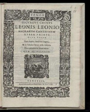 Leo Leoni: Sacrarum cantionum liber primus octo vocum ... Tenor Secundus Chorus