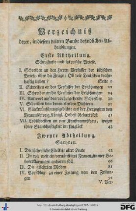 Verzeichniß derer, in diesem dritten Bande befindlichen Abhandlungen.