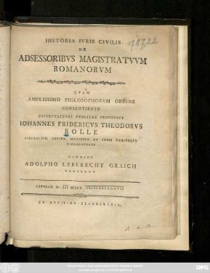 Historia Ivris Civilis De Adsessoribvs Magistratvvm Romanorvm