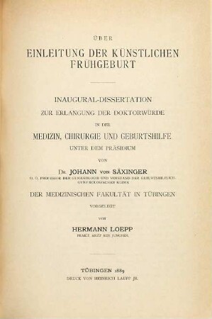 Über Einleitung der künstlichen Frühgeburt ...