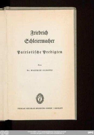 Friedrich Schleiermacher Patriotische Predigten