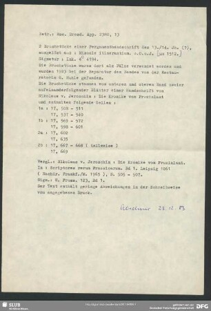 Handschriftenbeschreibung von Alschner, 23.12.[19]83, Rückseite leer