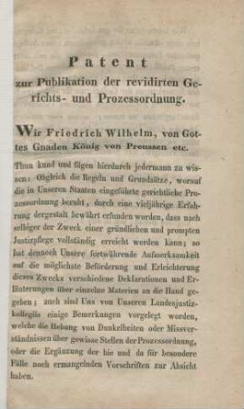 Patent zur Publikation der revidirten Gerichts- und Prozessordnung.