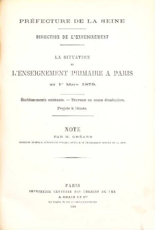 La situation de l'enseignement primaire à Paris au 1er mars 1879