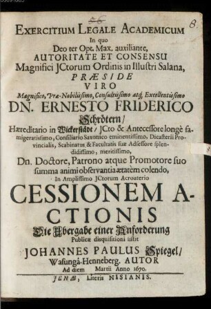 Exercitium leg. acad. in quo cessionem actionis ... publ. disquisitioni sistit