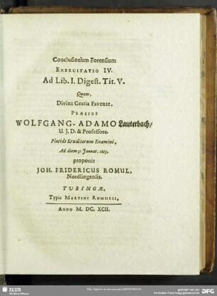 Conclusionum Forensium Exercitatio IV. Ad Libr. I. Digest. Tit. V.