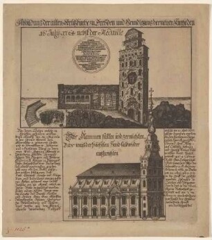 Die Grundsteinlegung zum Wiederaufbau der Kreuzkirche in Dresden in der Ruine der 1760 zerstörten Kirche, eine zweite Abbildung mit Ansicht der geplanten neuen Kreuzkirche und Text über die Leichenfunde in den Grüften der Ruine