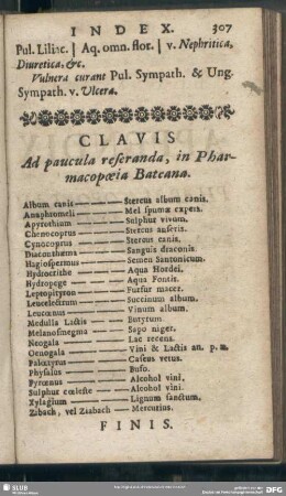 Clavis Ad paucula resereanda, in Pharmacopoeia Bateana