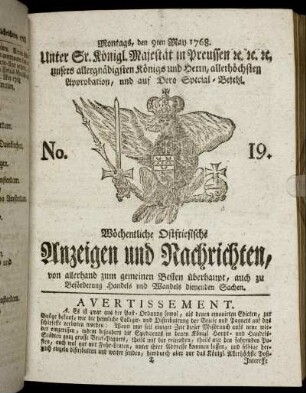 No. 19. Montags, den 9ten May 1768.