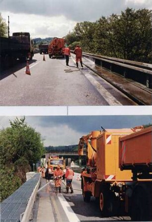 Enzbrücke, Fahrbahn Karlsruhe - Stuttgart. Reinigung von Brückenkappen und Entwässerung