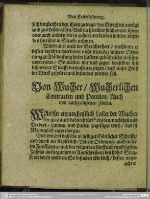 Von Wucher, Wucherlichen Contracten und Partiten, Auch von nachgelassenen Zinsen