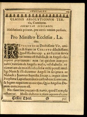 Classis Absolutionum Tertia, Continens. Formulas Speciales. Absolutionis privatae, pro certis tantum personis.