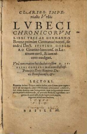 Clariss. Imperialis Urbis Lubeci Chronicorum libri tres