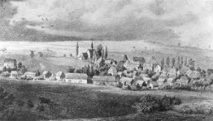 Gmina Bogatynia-Biedrzychowice Górne (Friedersdorf). Ortsansicht, Lithographie, aus: Morawek, K. G.: Geschichte von Friedersdorf, Gießmannsdorf und Zittel, Zittau 1863