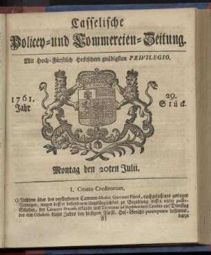 29. Stueck, Montag den 20ten Julii 1761