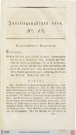 Intelligenzblatt Nro. IX