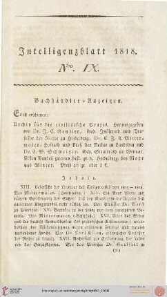 Intelligenzblatt Nro. IX