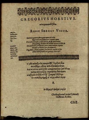 Gregorius Horstius ... Rosis Surget Vigor