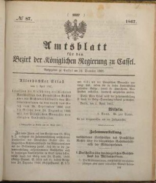 № 87. Ausgegeben zu Cassel am 12. December 1867.