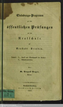 1850/51: Einladungsprogramm zu den öffentlichen Prüfungen an der Realschule zu Neustadt-Dresden