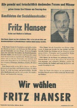 Flugblatt für Fritz Hanser zur Bundestags-Nachwahl (Vereinsdruckerei)
