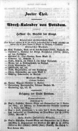 Zweiter Theil. Adreß-Kalender von Potsdam