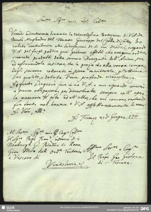 [Faszikel 13: Brief des Gian Gastone de’Medici an Franz Ludwig von Neuburg, Florenz, den 27. Juni 1711 (Abschrift)]