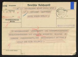 Brief von Willy Hellpach und Olga Hellpach an Gerhart Hauptmann