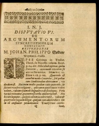 Disputatio VI. De Argumentorum Syncretisticorum Refutatione ...