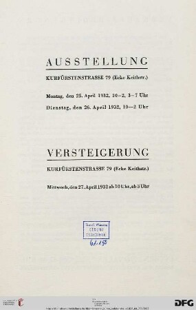 Gemälde alter und neuer Meister, Mobiliar, Perser-Teppiche, Antiquitäten : [27. April 1932]
