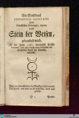in Sendbrief Johannis Pontani, Des fürtreflichen Philosophi, darinn vom Stein der Weisen gehandelt wird ...