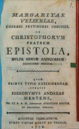 Ad Christophorum fratrem Epistola ... curante Hier. Andr. Mertens